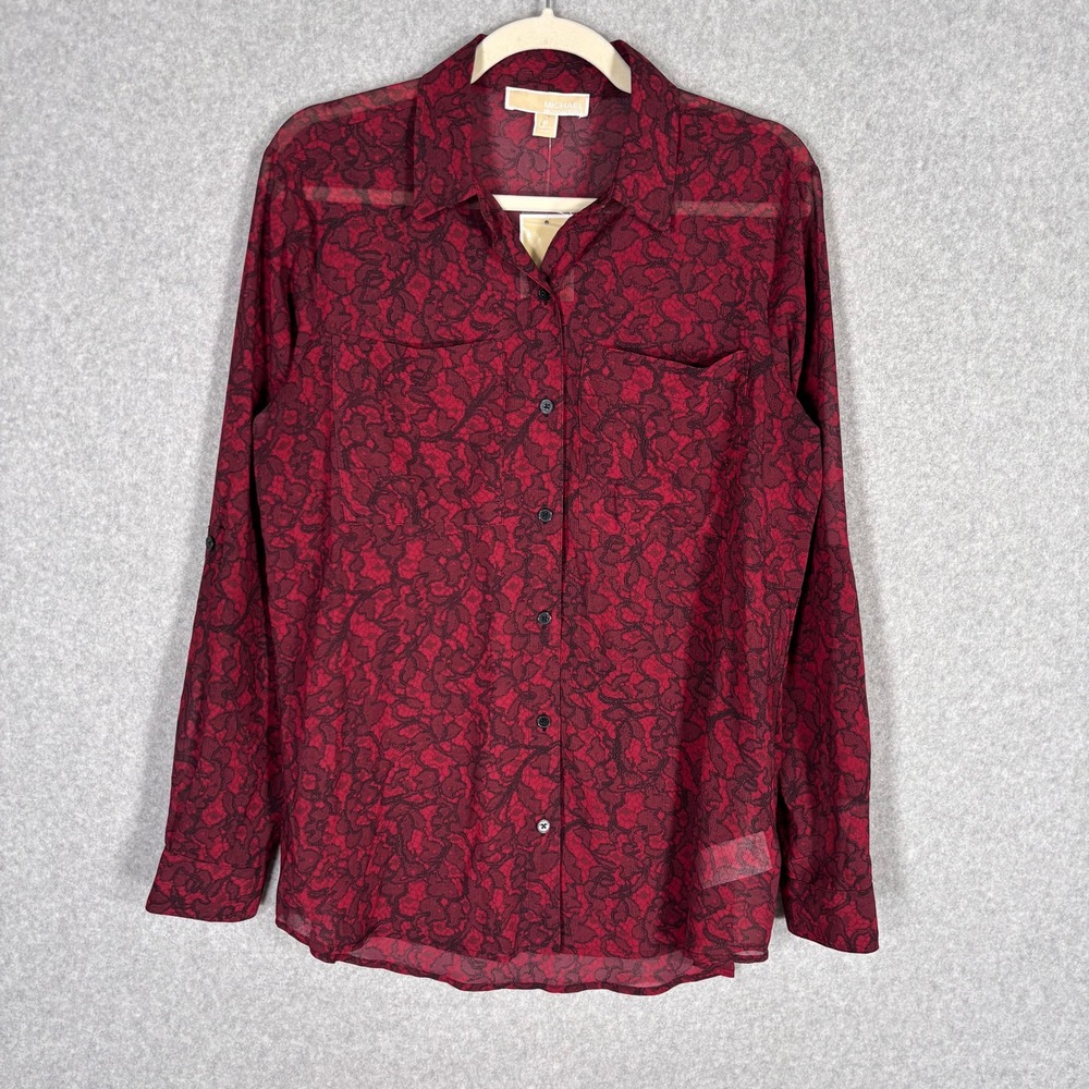 NEW Michael Kors Sheer Lace Print Shirt Medium Red Black Button Up Dark Romantic